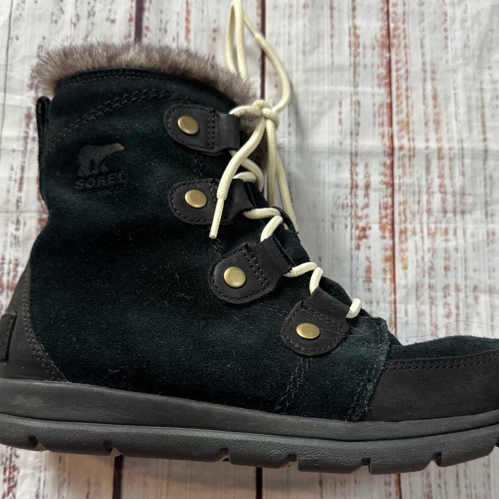 Sorel Black Suede Winter Boots Faux Fur Trim Lace Up Size 7.5 - Picture 4 of 8